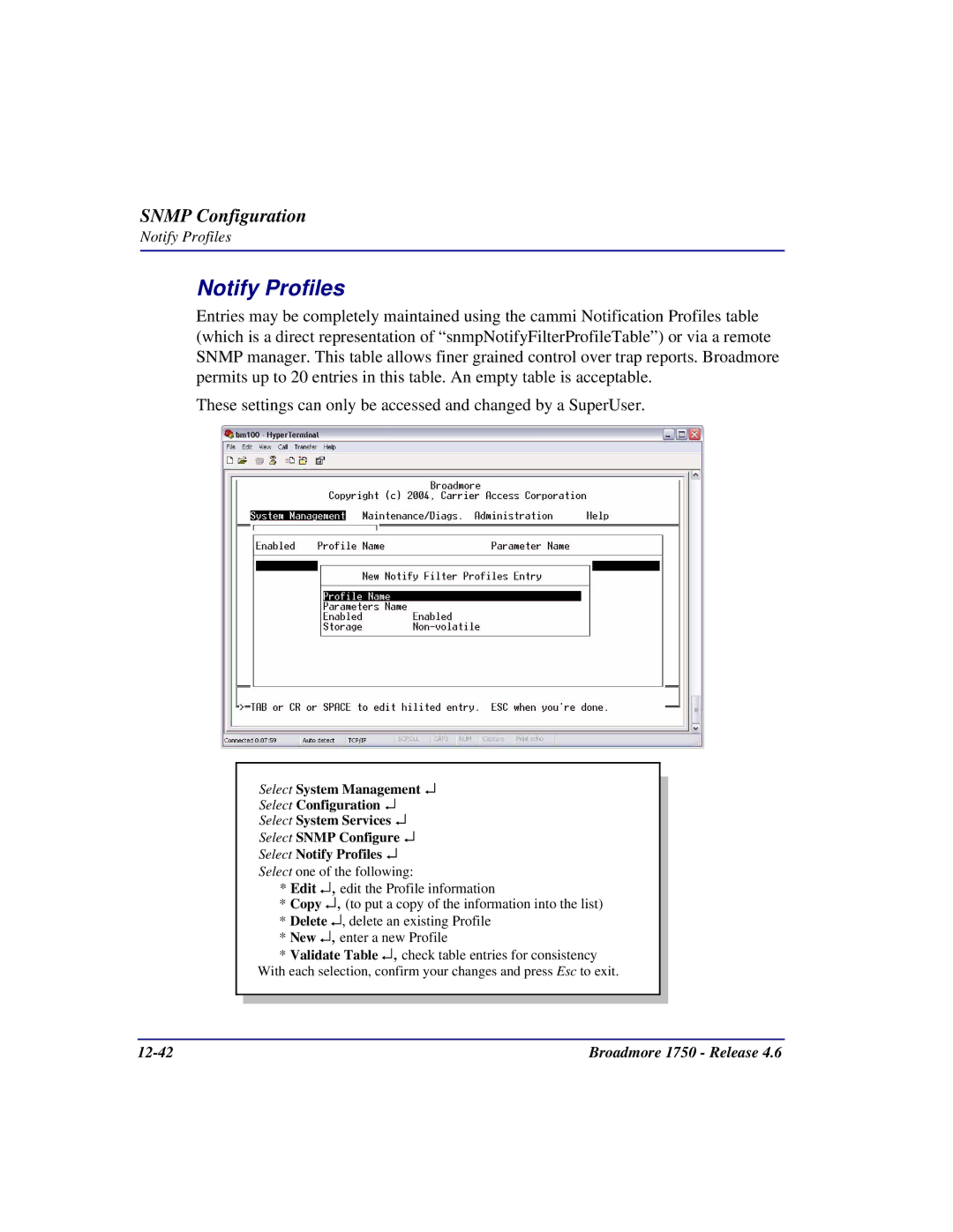 Carrier Access 1750 user manual Notify Profiles 