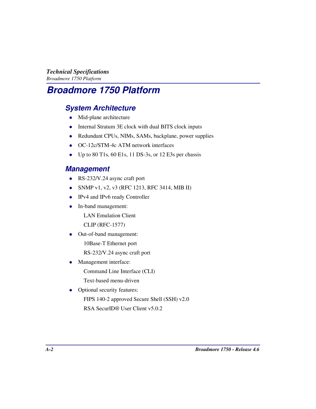 Carrier Access user manual Broadmore 1750 Platform, Management 