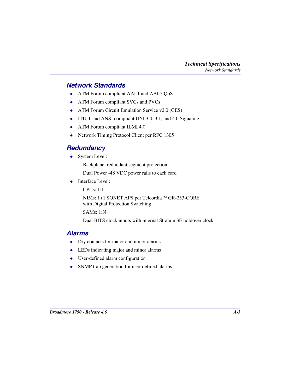 Carrier Access 1750 user manual Network Standards, Redundancy 