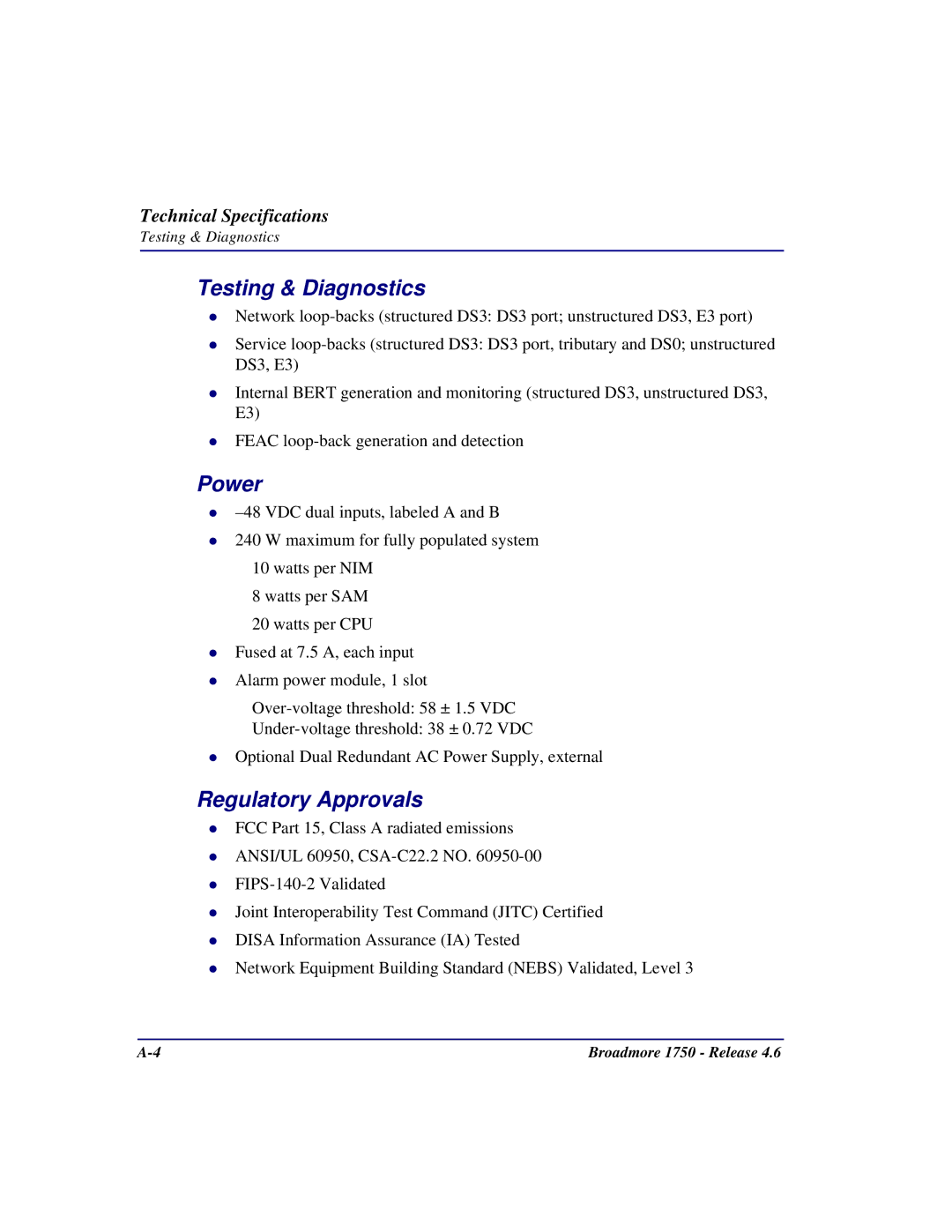 Carrier Access 1750 user manual Testing & Diagnostics, Regulatory Approvals 