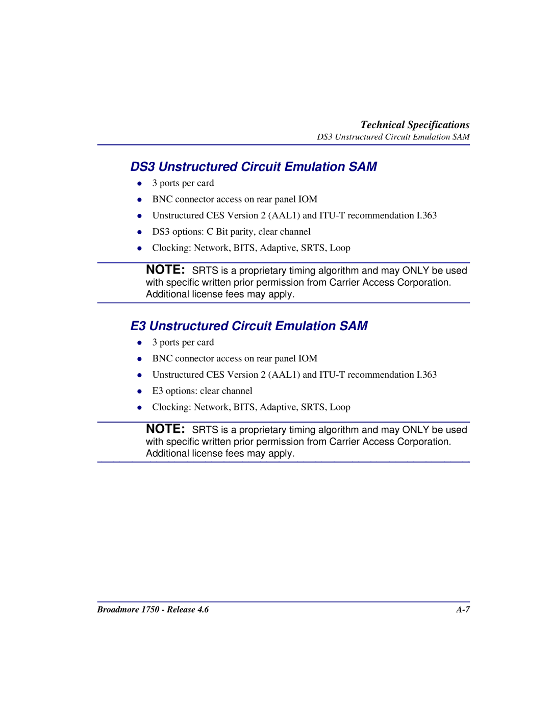 Carrier Access 1750 user manual DS3 Unstructured Circuit Emulation SAM, E3 Unstructured Circuit Emulation SAM 