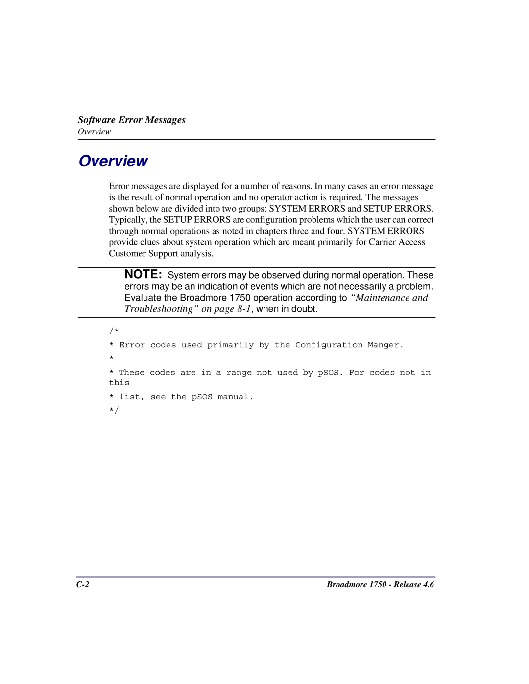 Carrier Access 1750 user manual Software Error Messages 