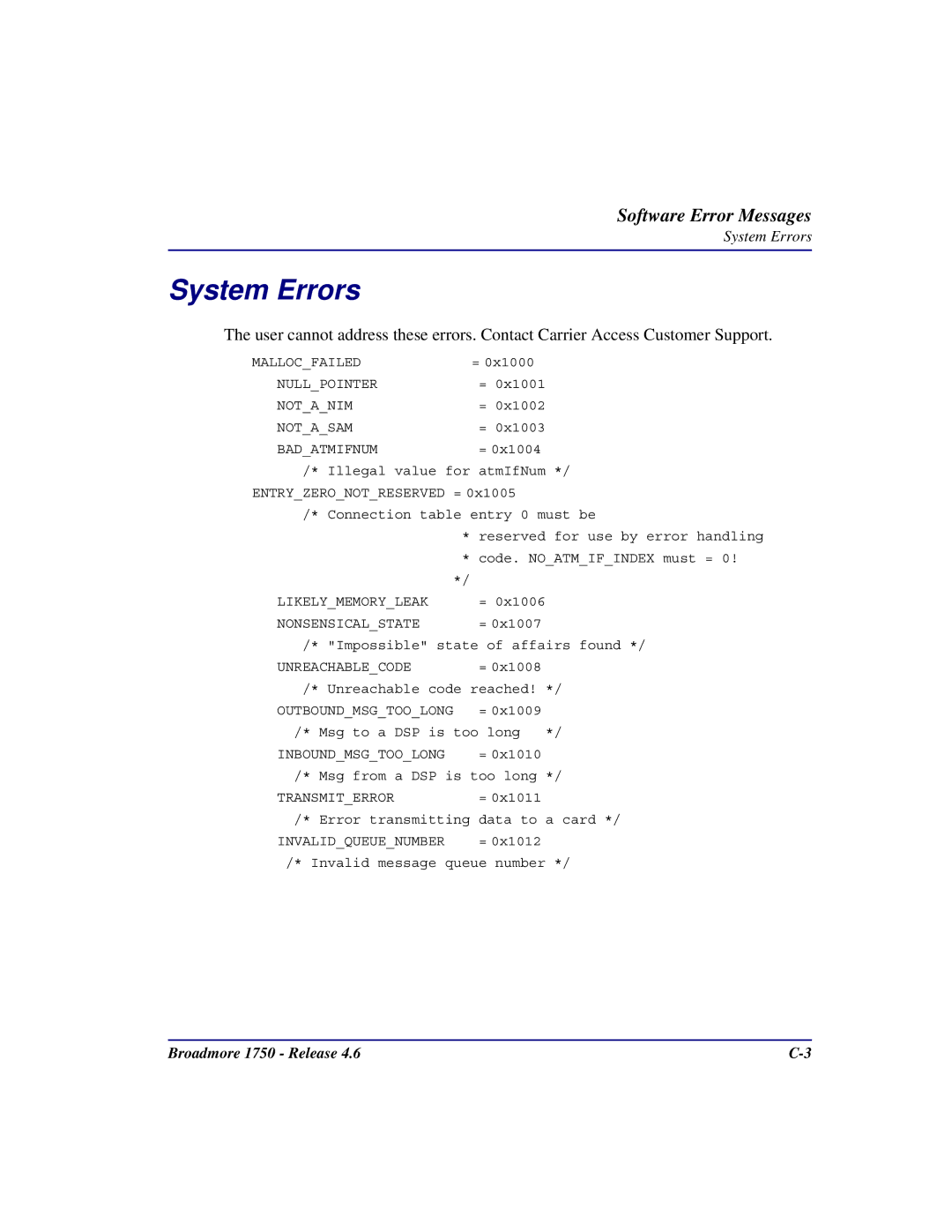 Carrier Access 1750 user manual System Errors, Mallocfailed Nullpointer Notanim Notasam Badatmifnum 