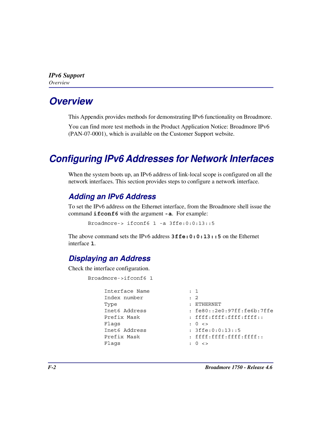 Carrier Access 1750 Configuring IPv6 Addresses for Network Interfaces, Adding an IPv6 Address, Displaying an Address 