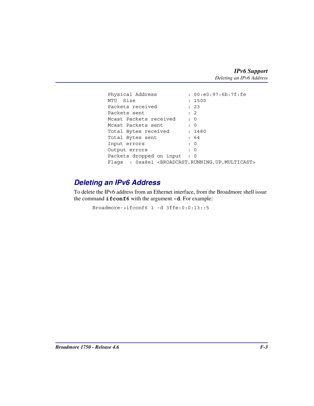 Carrier Access 1750 user manual Deleting an IPv6 Address 