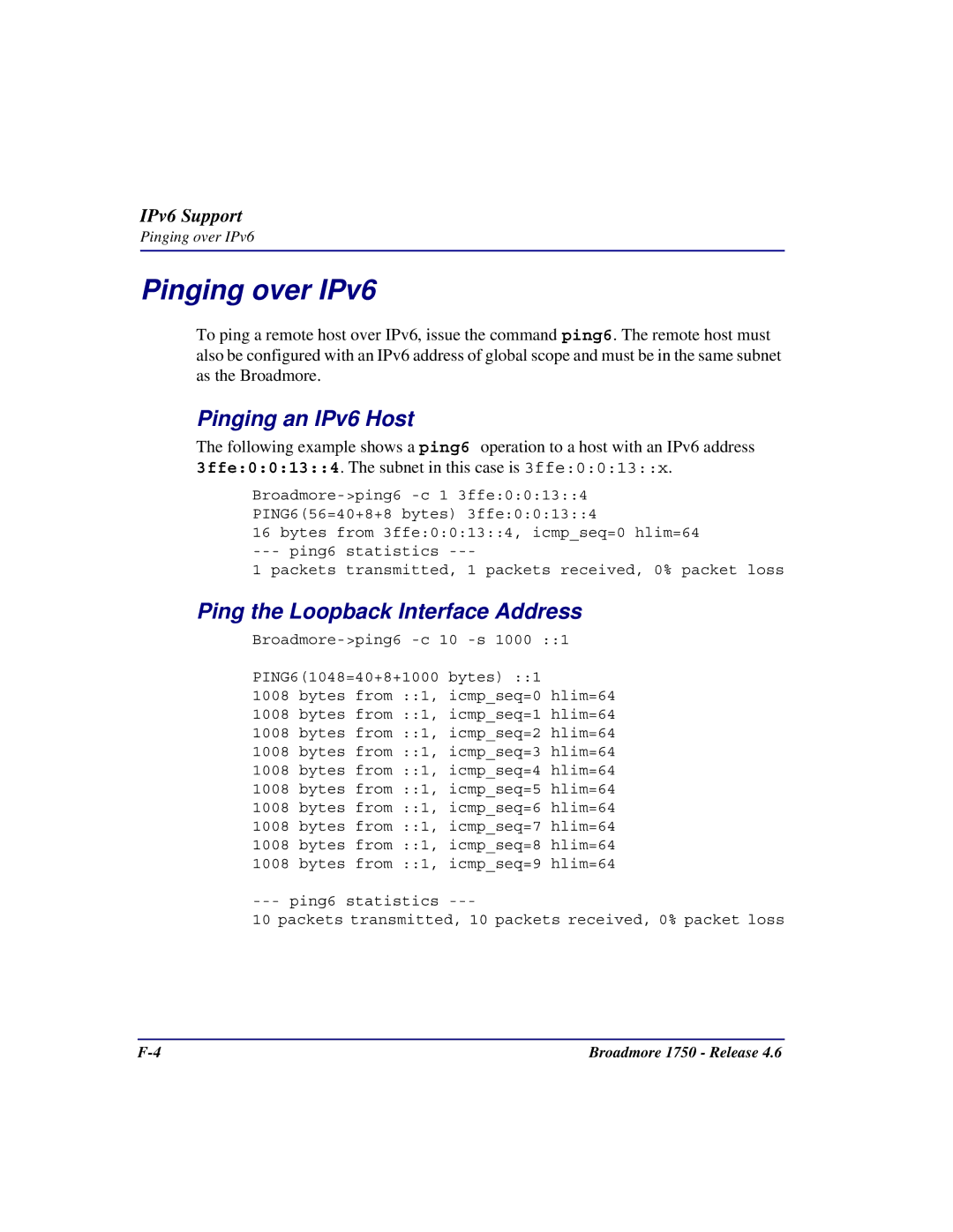 Carrier Access 1750 user manual Pinging over IPv6, Pinging an IPv6 Host, Ping the Loopback Interface Address 