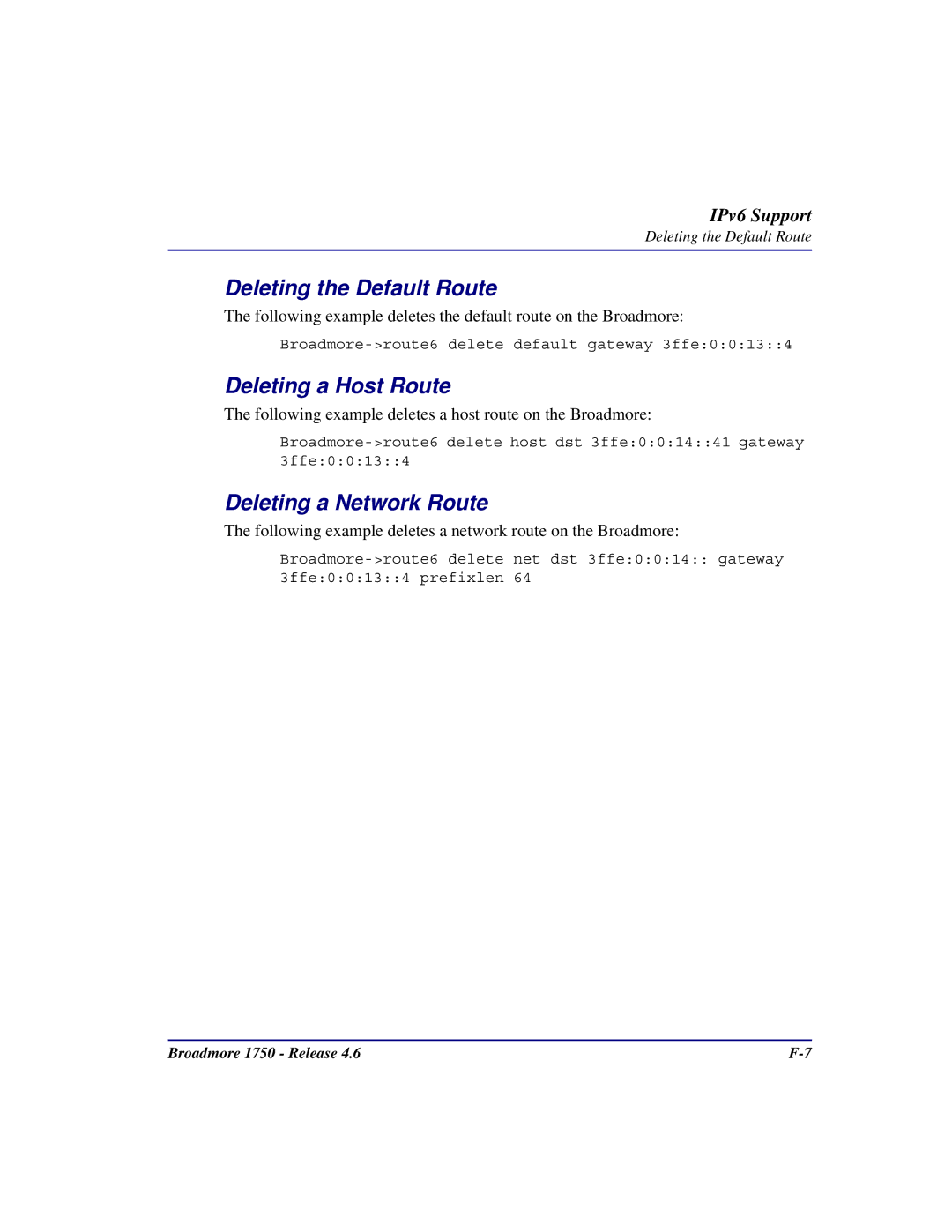 Carrier Access 1750 user manual Deleting the Default Route, Deleting a Host Route, Deleting a Network Route 