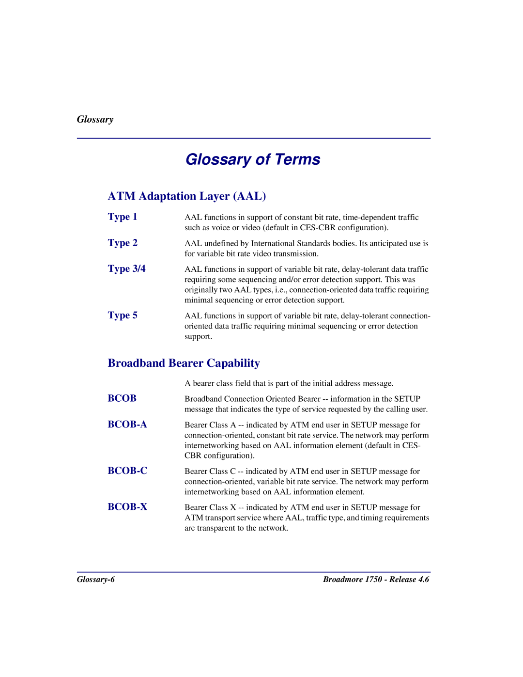 Carrier Access 1750 user manual Glossary of Terms, ATM Adaptation Layer AAL 