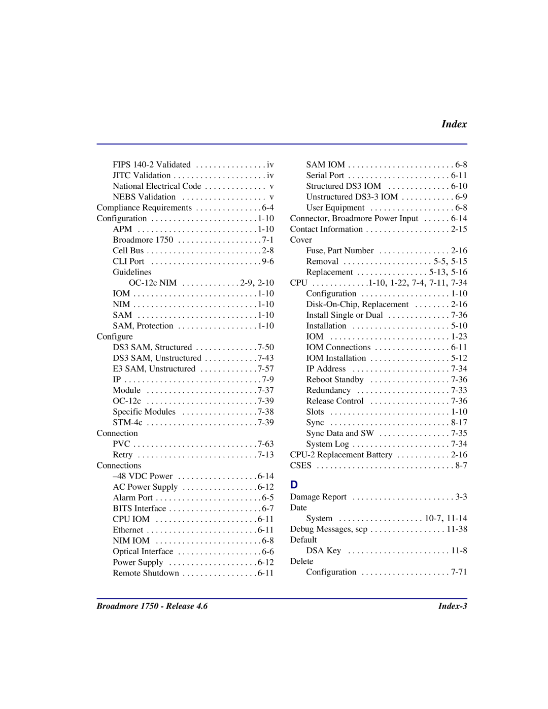 Carrier Access user manual Broadmore 1750 Release Index-3 