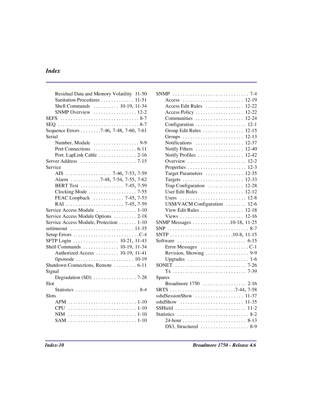 Carrier Access 1750 user manual Index-10 