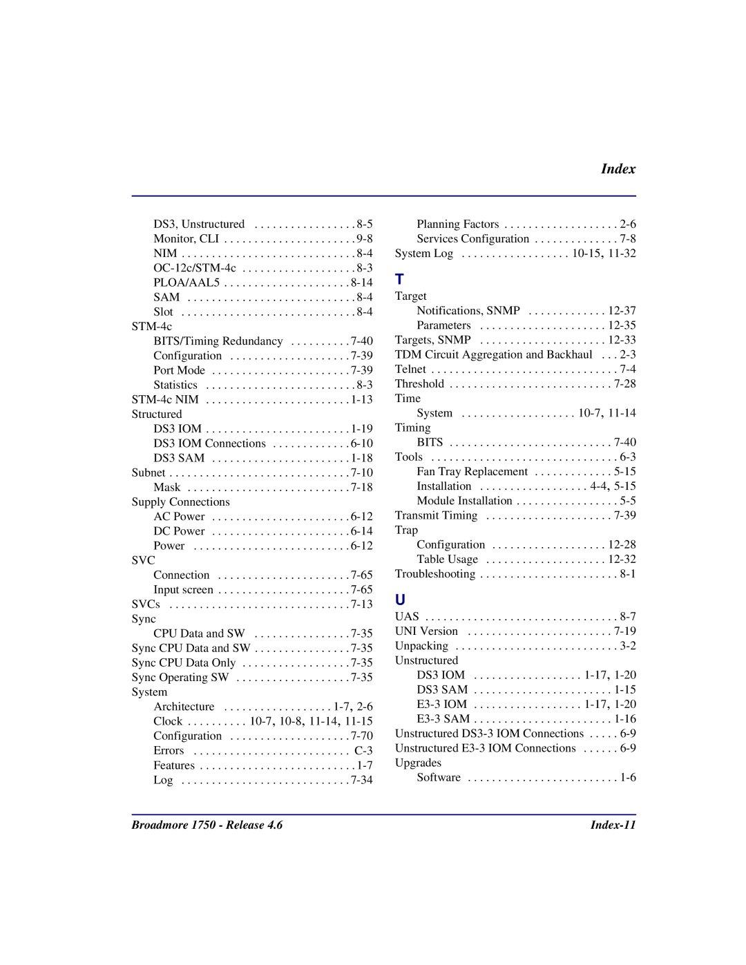 Carrier Access user manual Broadmore 1750 Release Index-11 