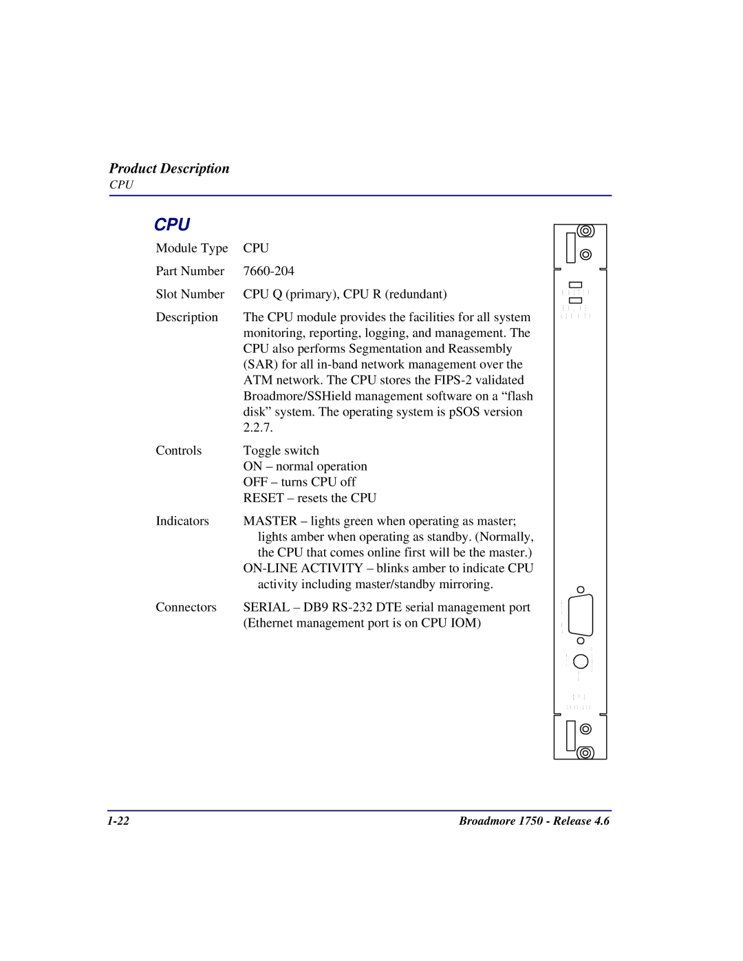 Carrier Access 1750 user manual Cpu 