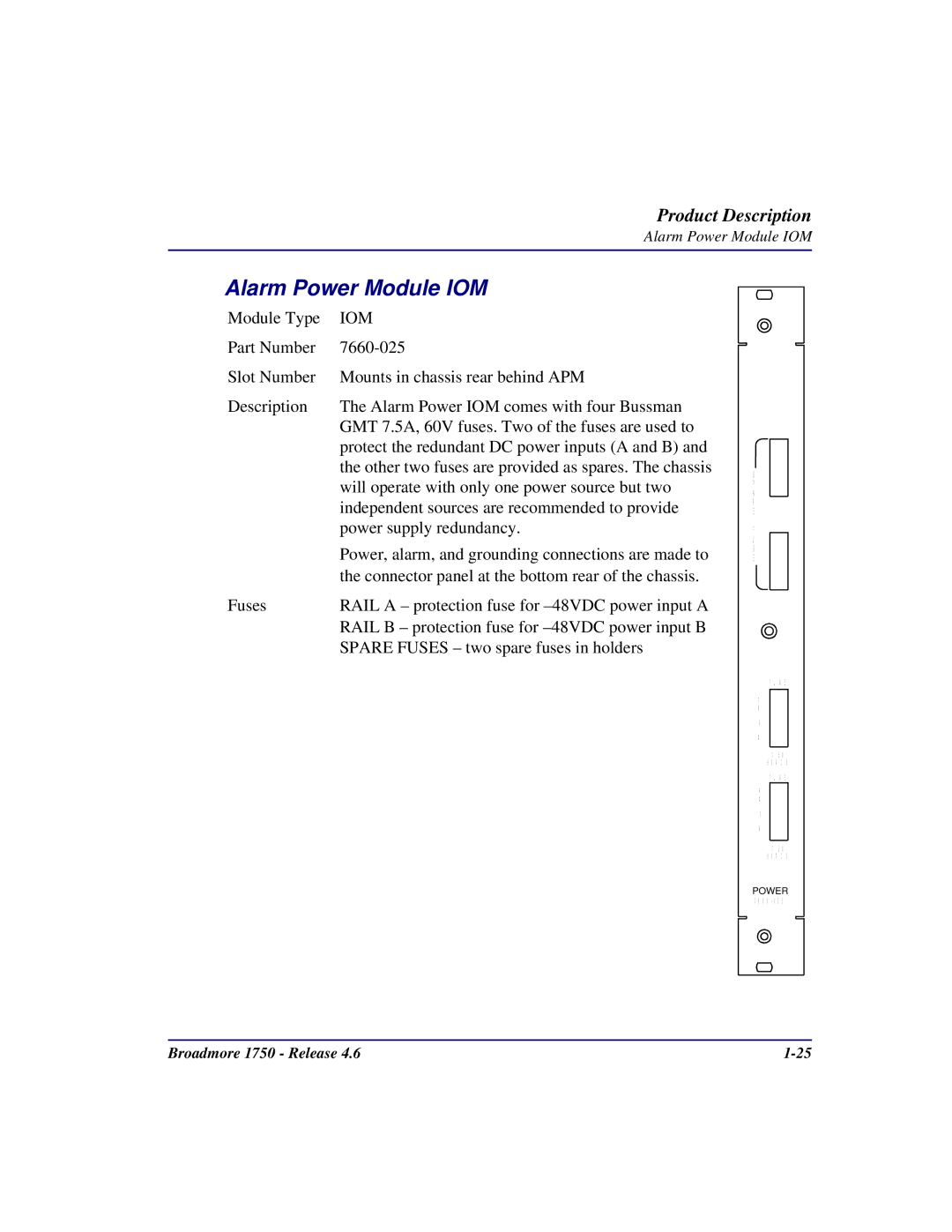 Carrier Access 1750 user manual Alarm Power Module IOM 