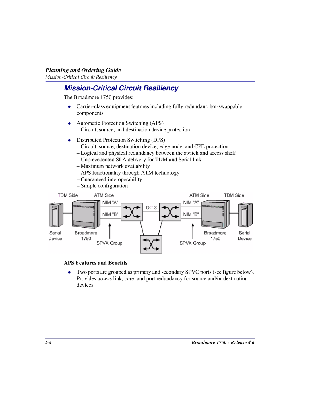 Carrier Access 1750 user manual Mission-Critical Circuit Resiliency, APS Features and Benefits 