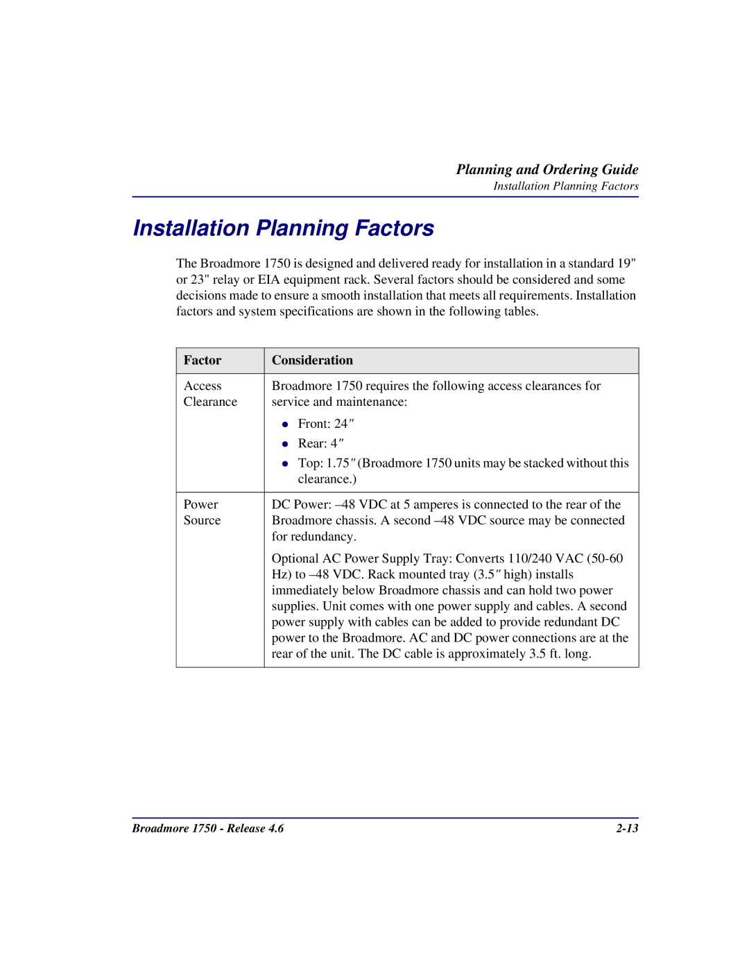 Carrier Access 1750 user manual Installation Planning Factors, Factor Consideration 