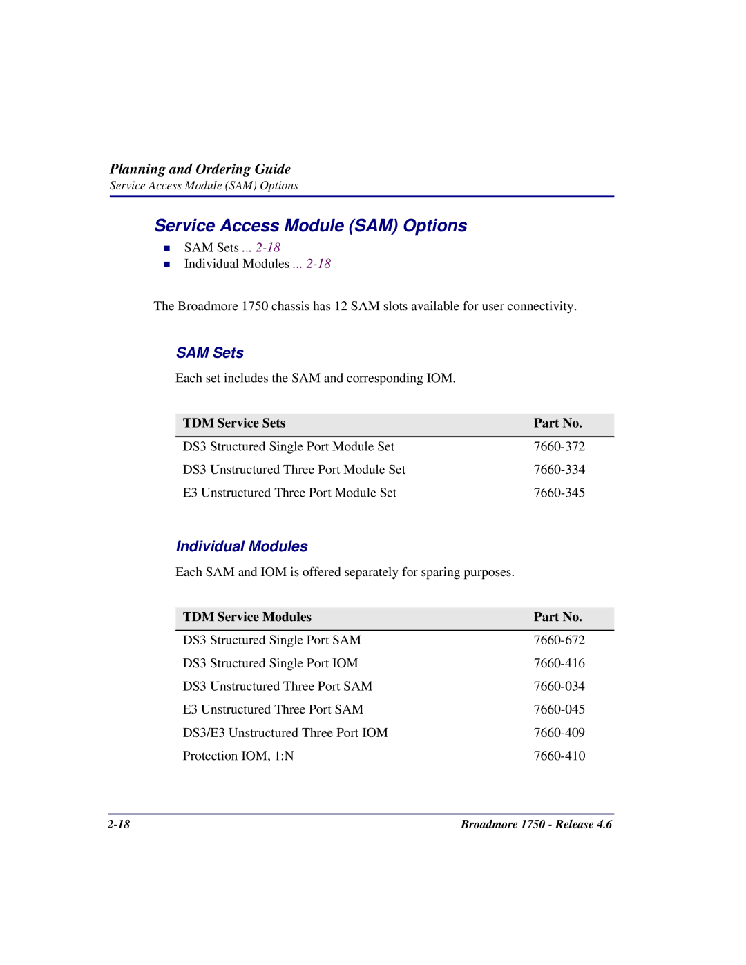 Carrier Access 1750 user manual Service Access Module SAM Options, SAM Sets, TDM Service Sets, TDM Service Modules 