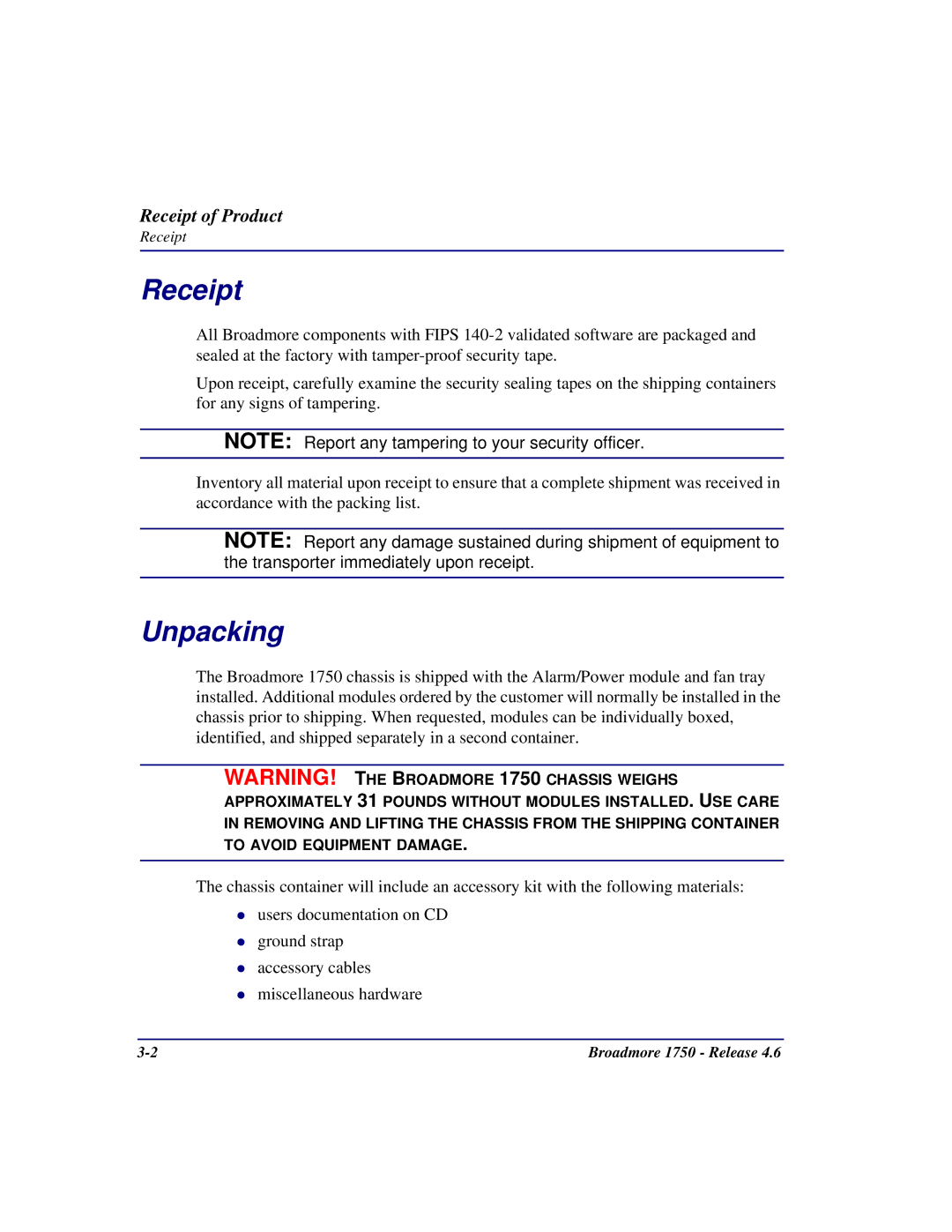 Carrier Access 1750 user manual Receipt, Unpacking 