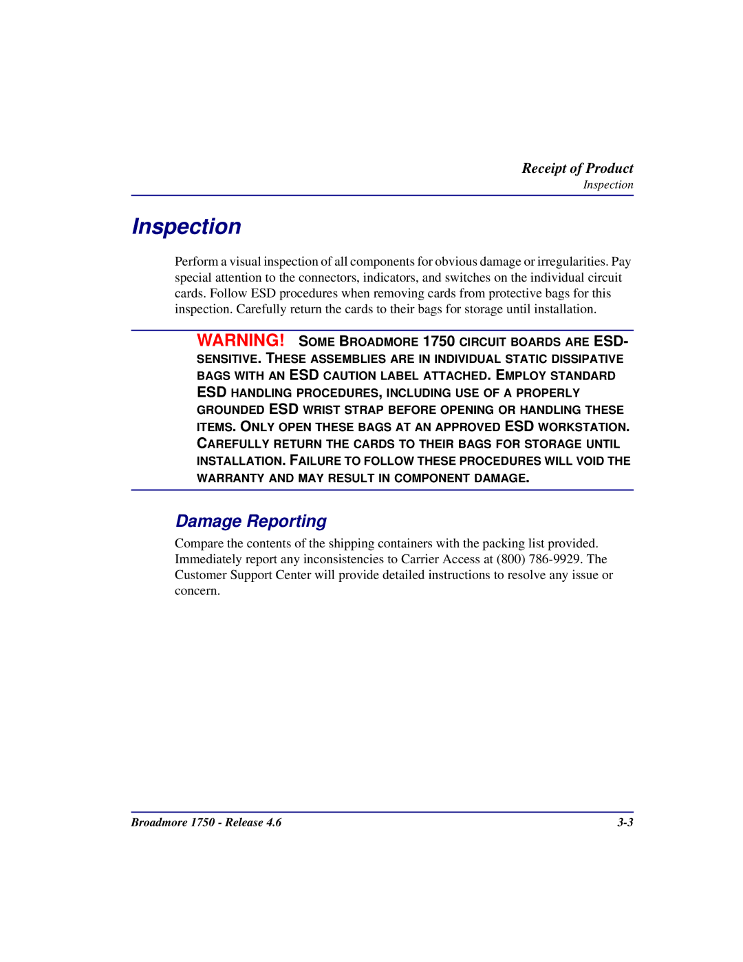 Carrier Access 1750 user manual Inspection, Damage Reporting 