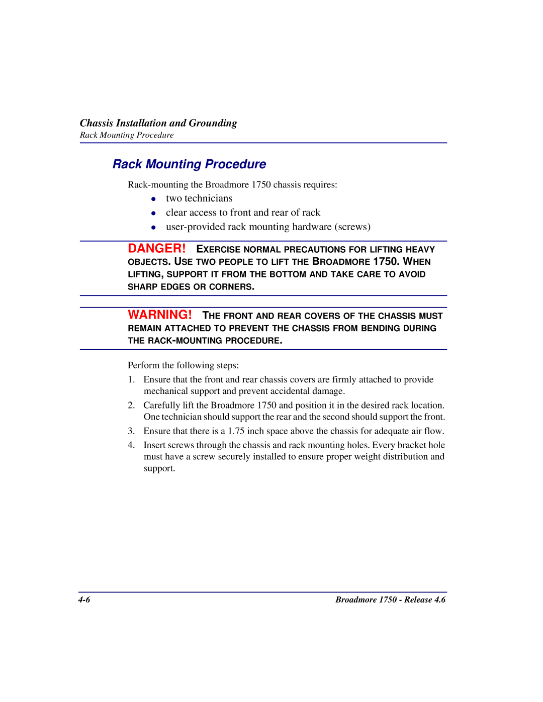 Carrier Access 1750 user manual Rack Mounting Procedure 