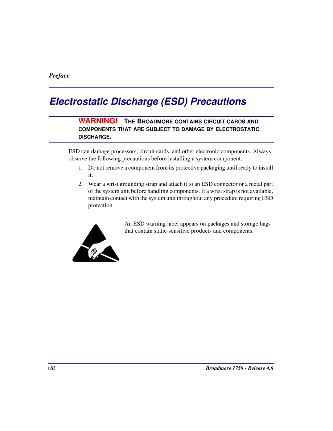 Carrier Access 1750 user manual Electrostatic Discharge ESD Precautions 