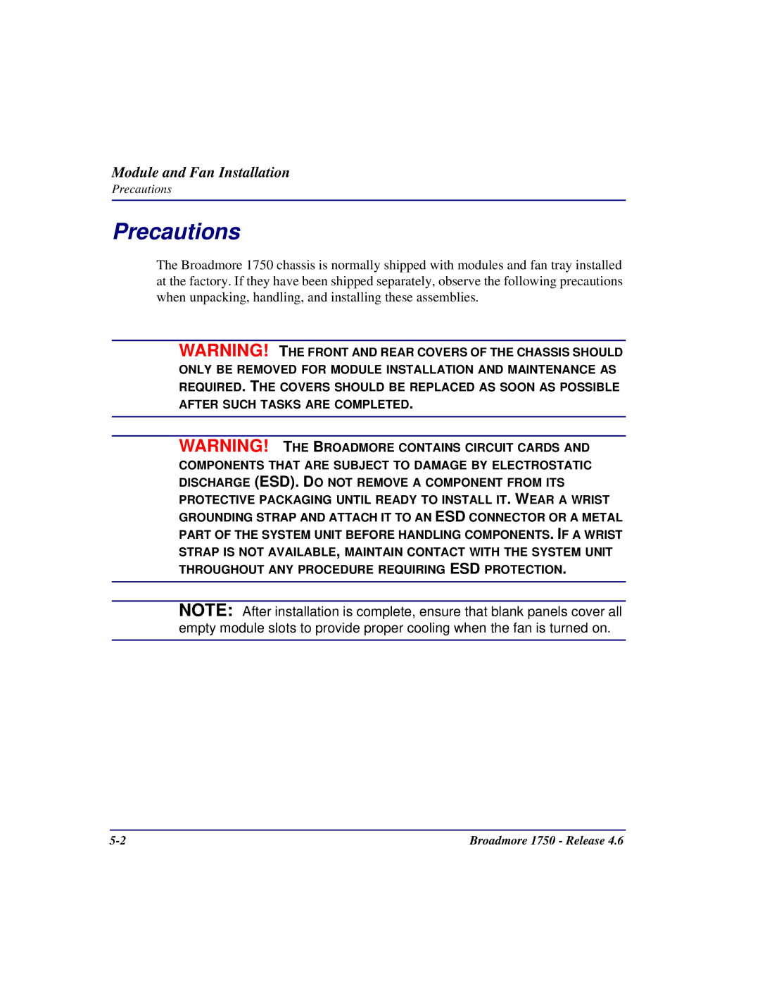 Carrier Access 1750 user manual Module and Fan Installation 