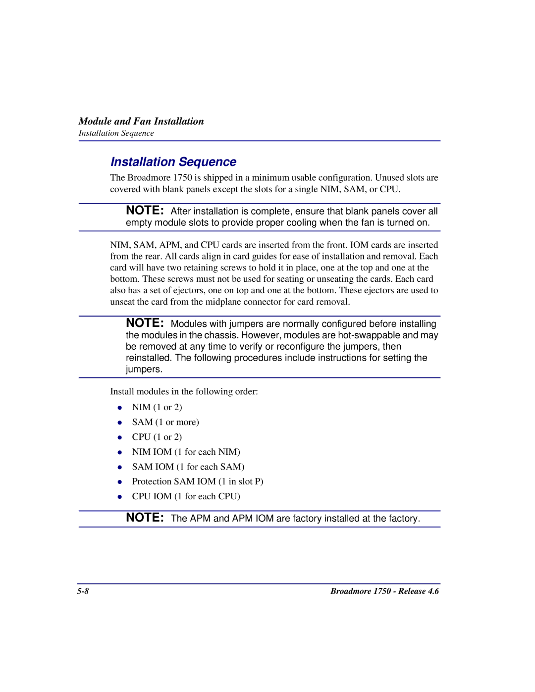 Carrier Access 1750 user manual Installation Sequence 