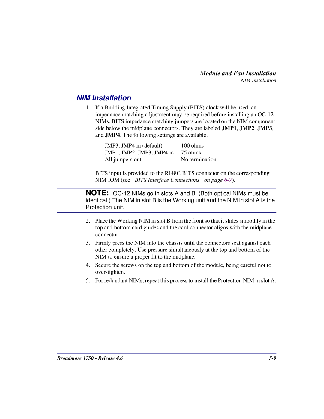 Carrier Access 1750 user manual NIM Installation 