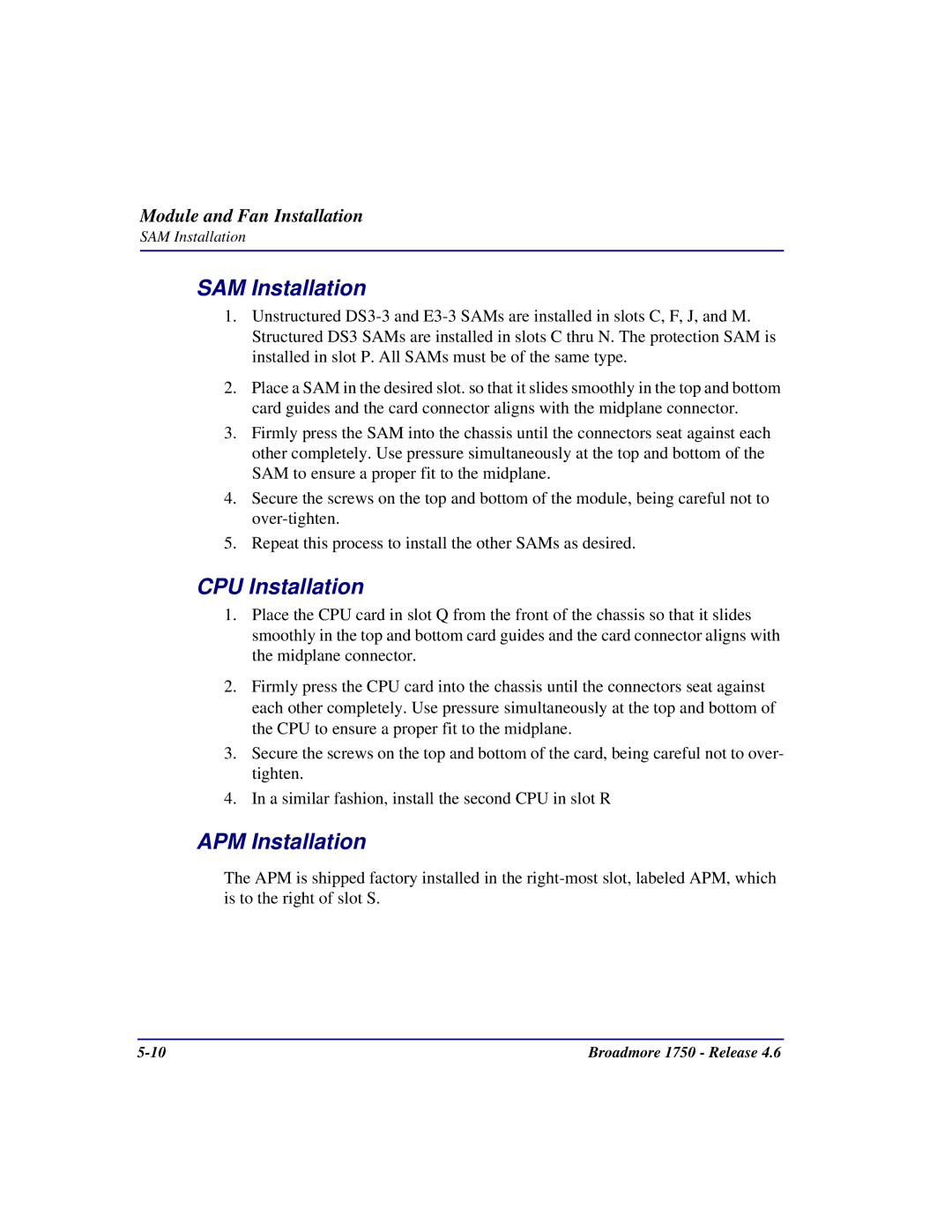 Carrier Access 1750 user manual SAM Installation, CPU Installation, APM Installation 