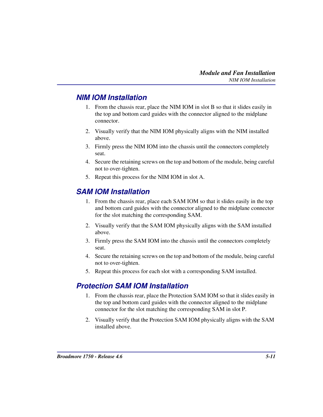 Carrier Access 1750 user manual NIM IOM Installation, Protection SAM IOM Installation 