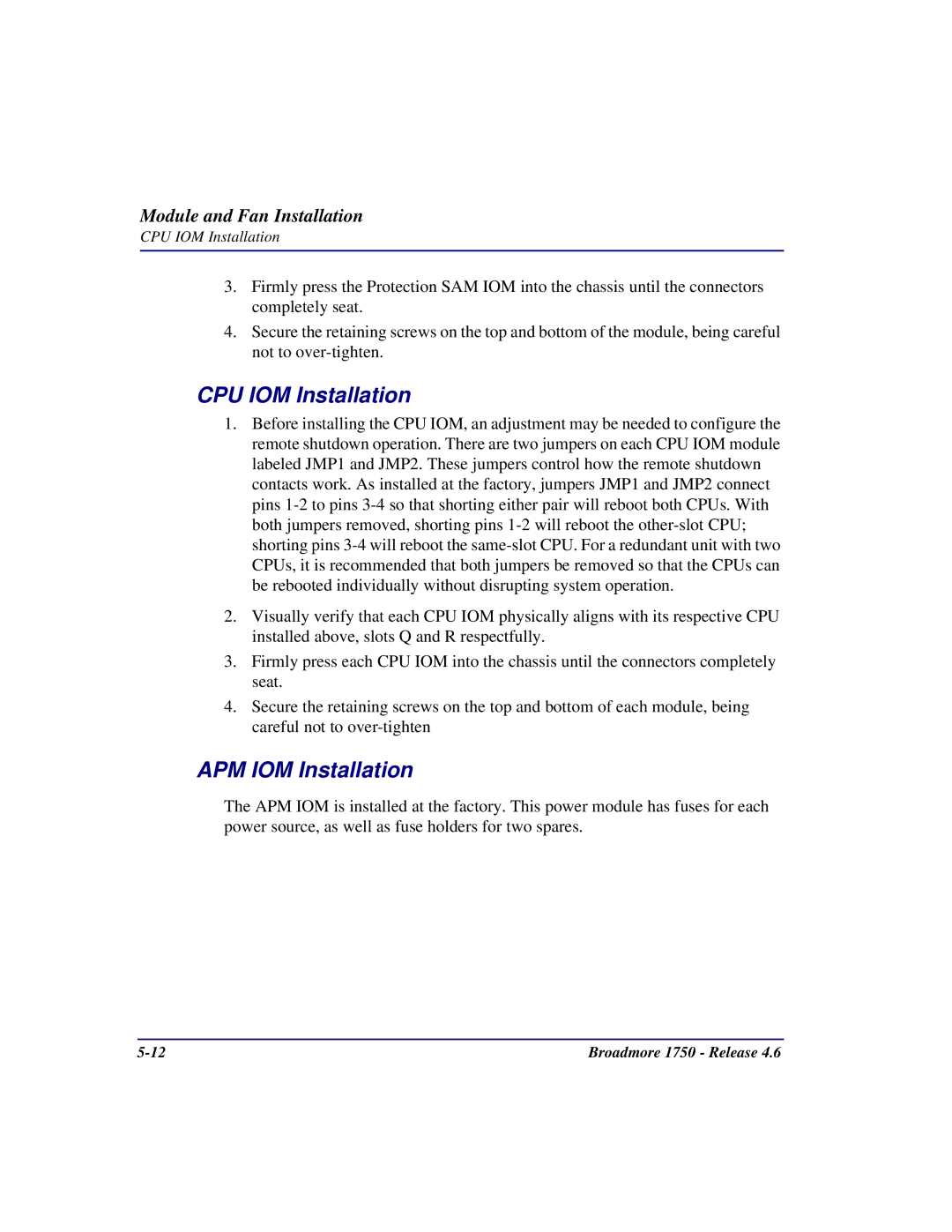 Carrier Access 1750 user manual CPU IOM Installation, APM IOM Installation 