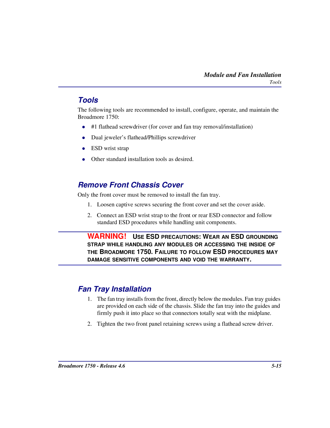 Carrier Access 1750 user manual Remove Front Chassis Cover, Fan Tray Installation 