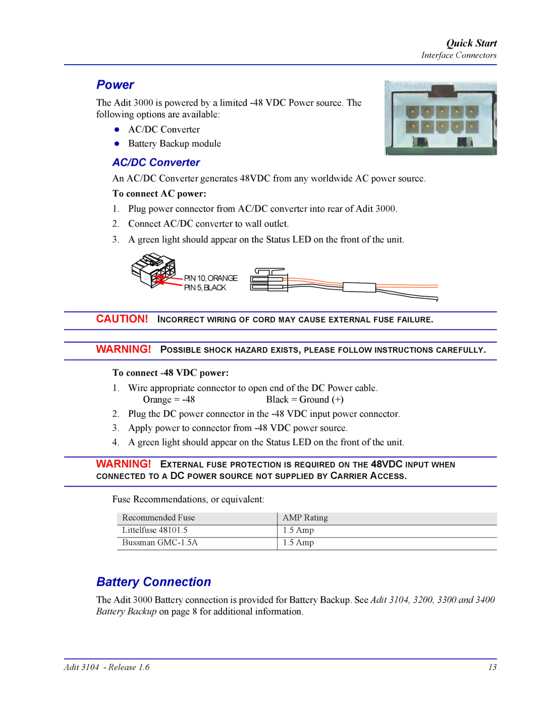 Carrier Access 3104s quick start Power, Battery Connection, AC/DC Converter, To connect AC power, To connect -48 VDC power 