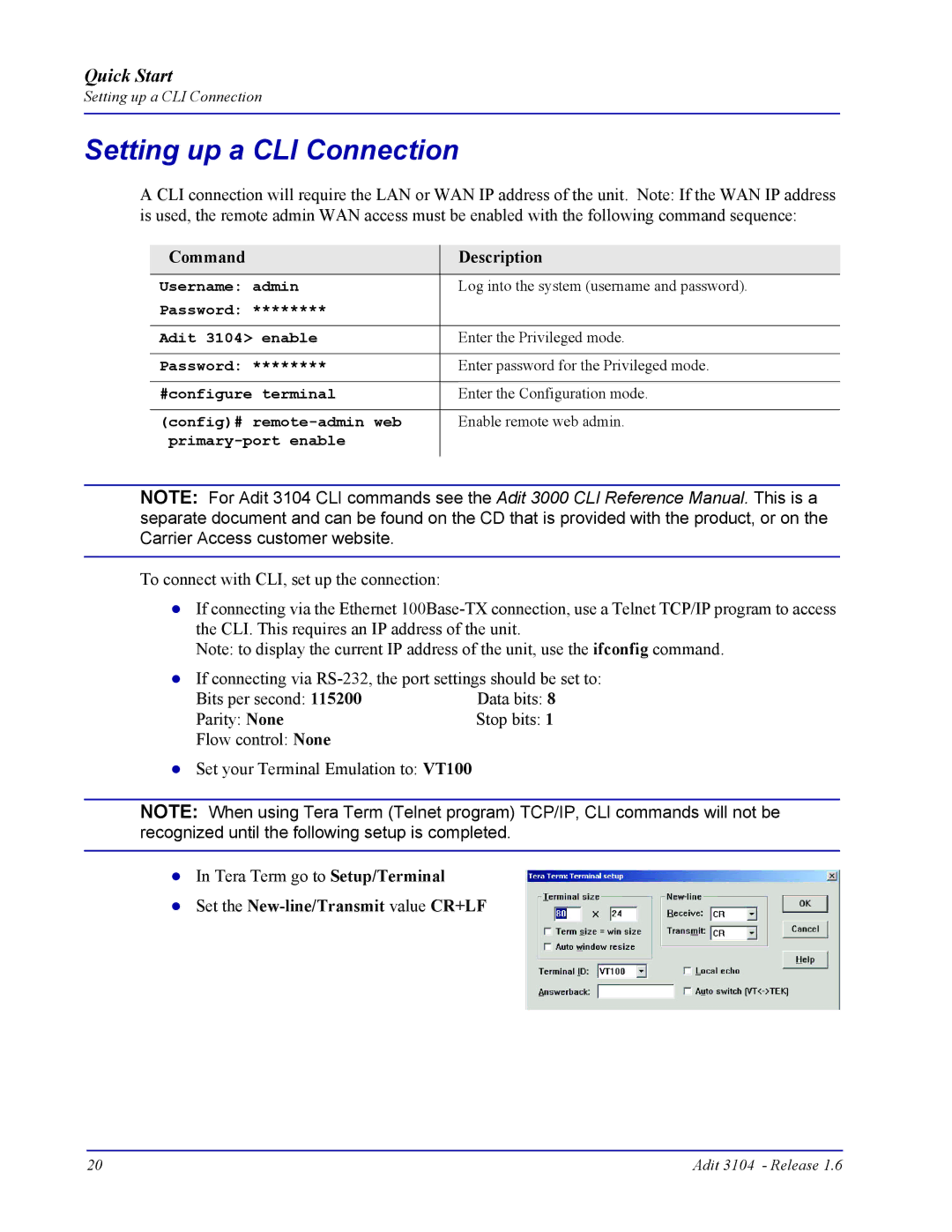 Carrier Access 3104s quick start Setting up a CLI Connection, Set the New-line/Transmit value CR+LF 