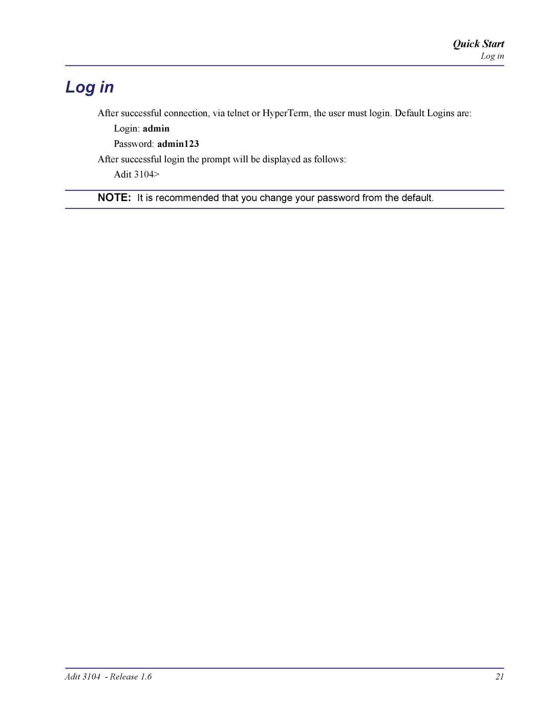 Carrier Access 3104s quick start Log 