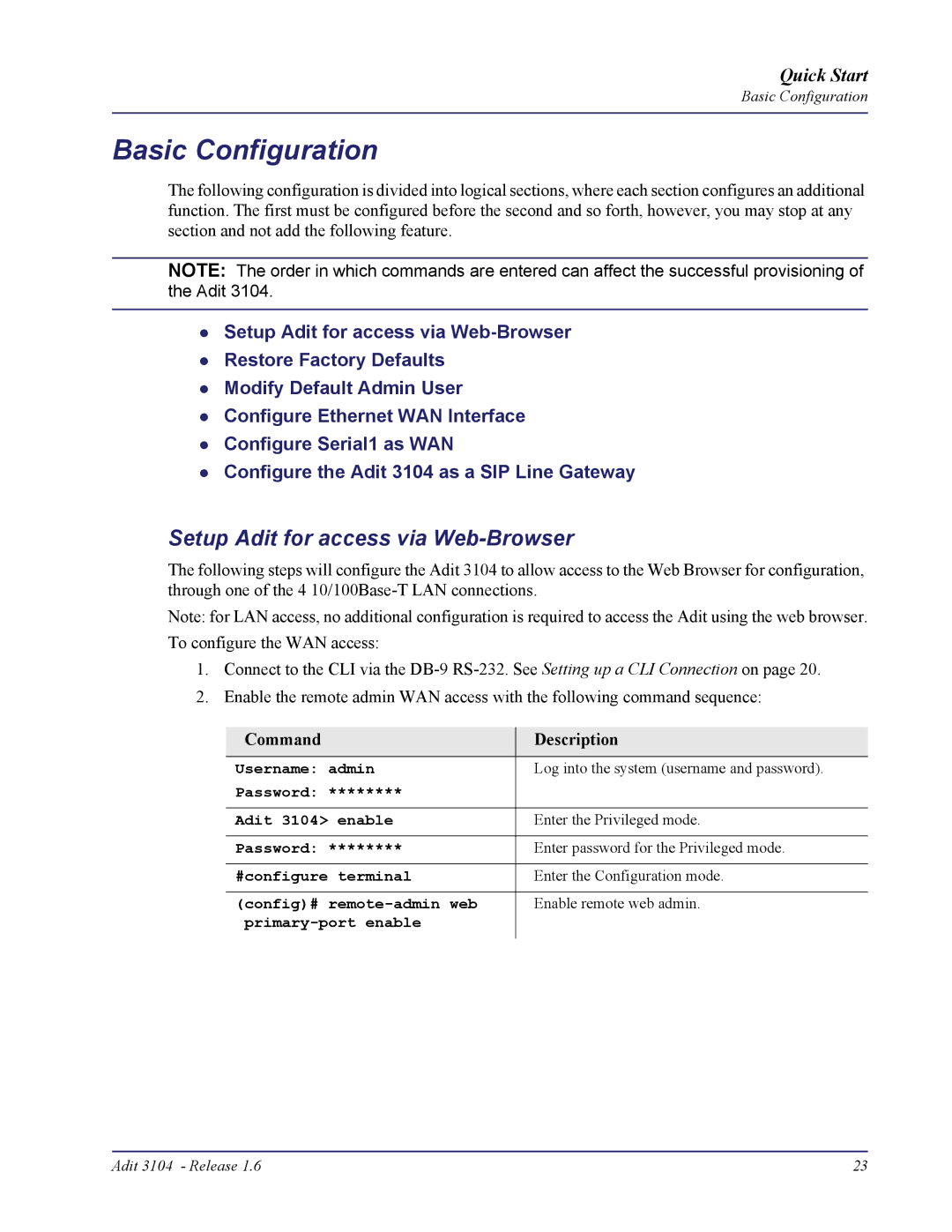 Carrier Access 3104s quick start Basic Configuration, Setup Adit for access via Web-Browser 