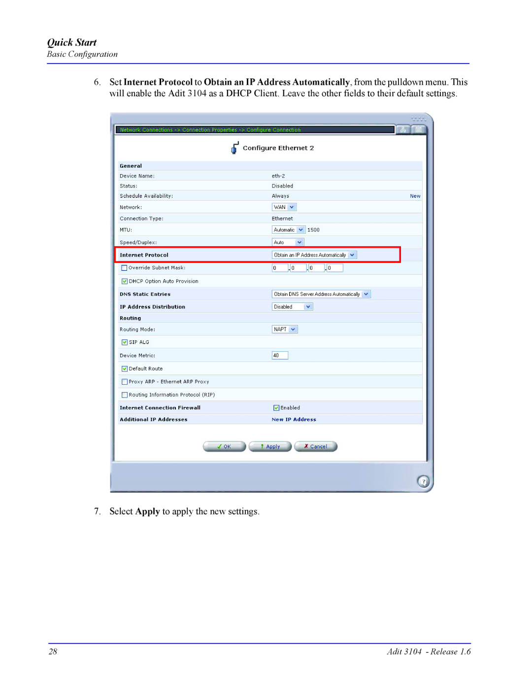 Carrier Access 3104s quick start Select Apply to apply the new settings 