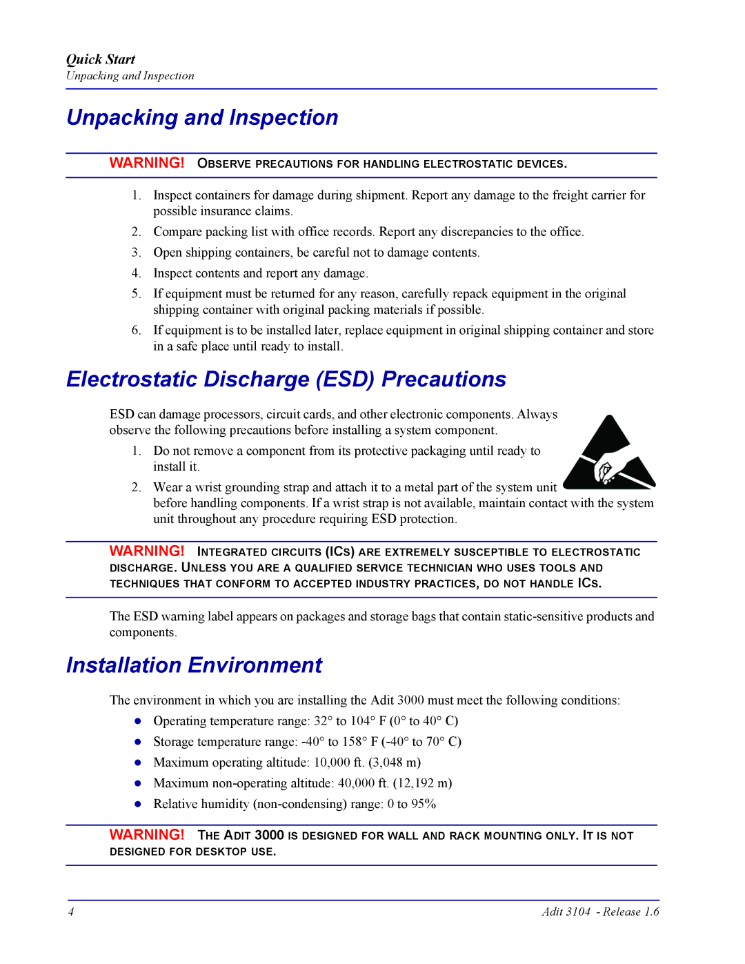 Carrier Access 3104s Unpacking and Inspection, Electrostatic Discharge ESD Precautions, Installation Environment 