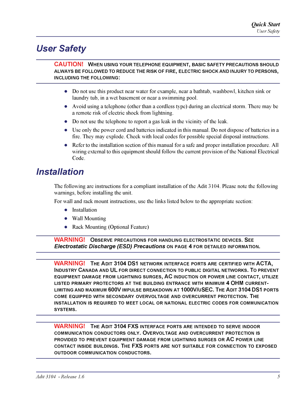 Carrier Access 3104s quick start User Safety, Installation 