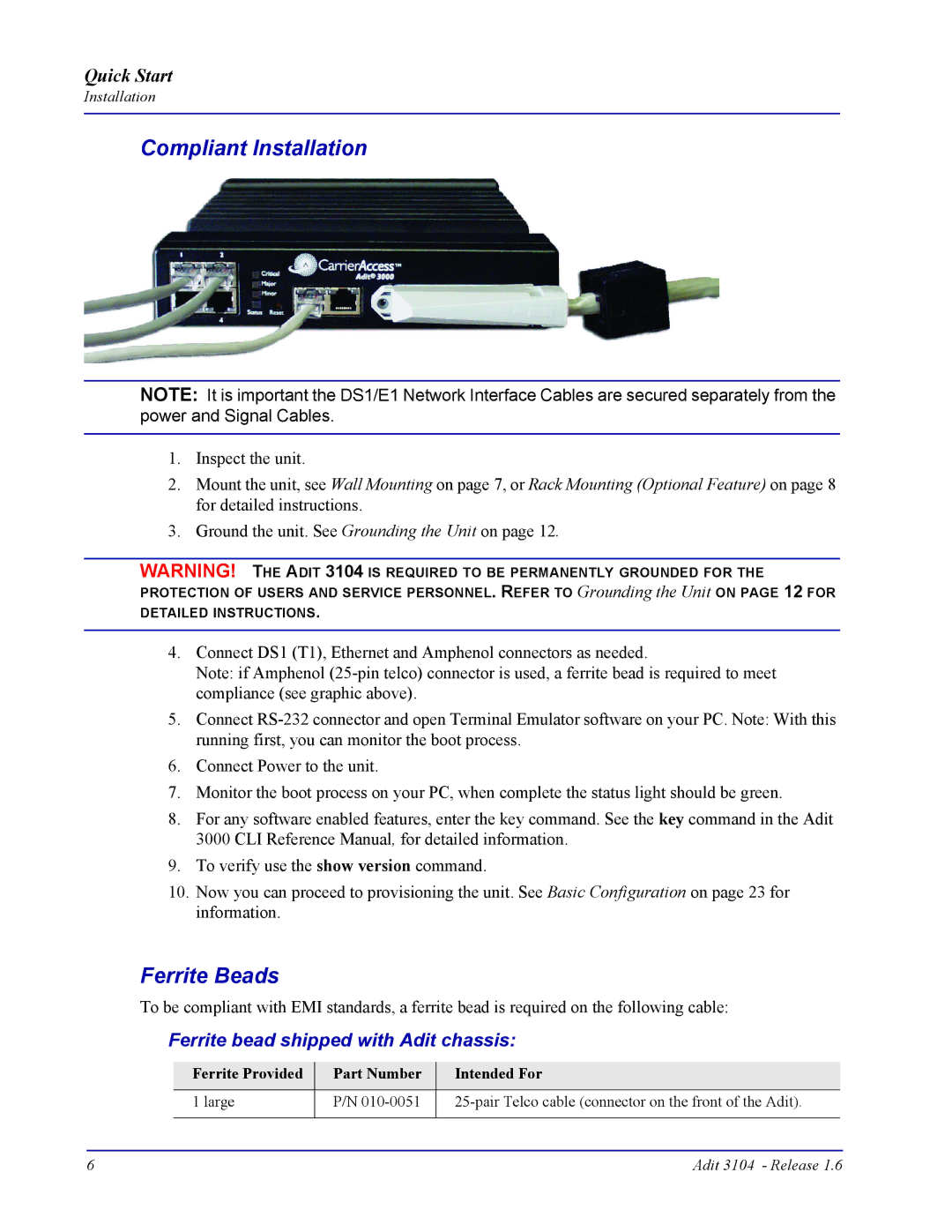 Carrier Access 3104s quick start Compliant Installation, Ferrite Beads, Ferrite bead shipped with Adit chassis 