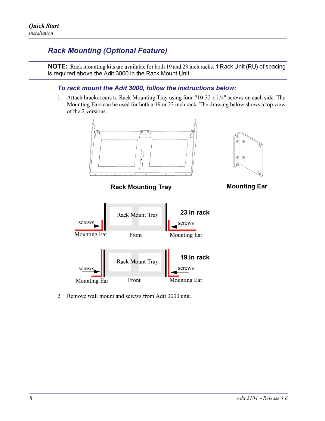 Carrier Access 3104s quick start Rack Mounting Optional Feature, To rack mount the Adit 3000, follow the instructions below 