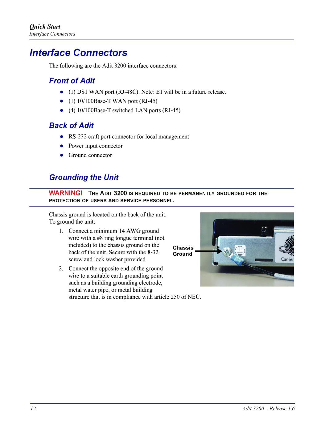 Carrier Access 3200 quick start Interface Connectors, Front of Adit, Back of Adit, Grounding the Unit 