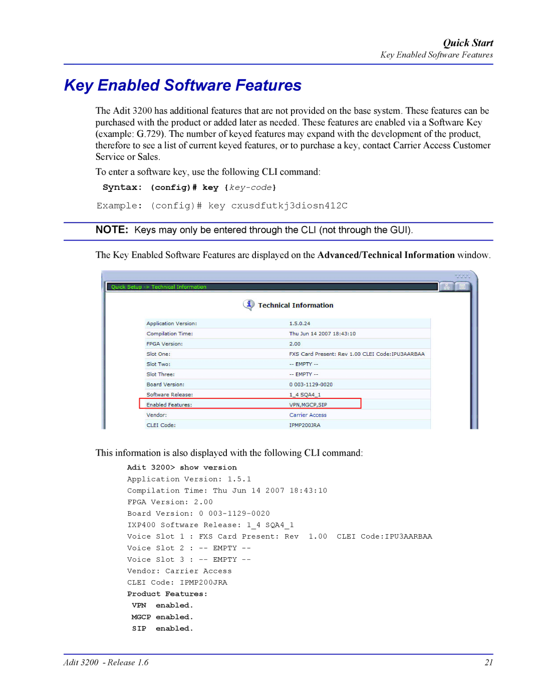 Carrier Access quick start Key Enabled Software Features, Adit 3200 show version 