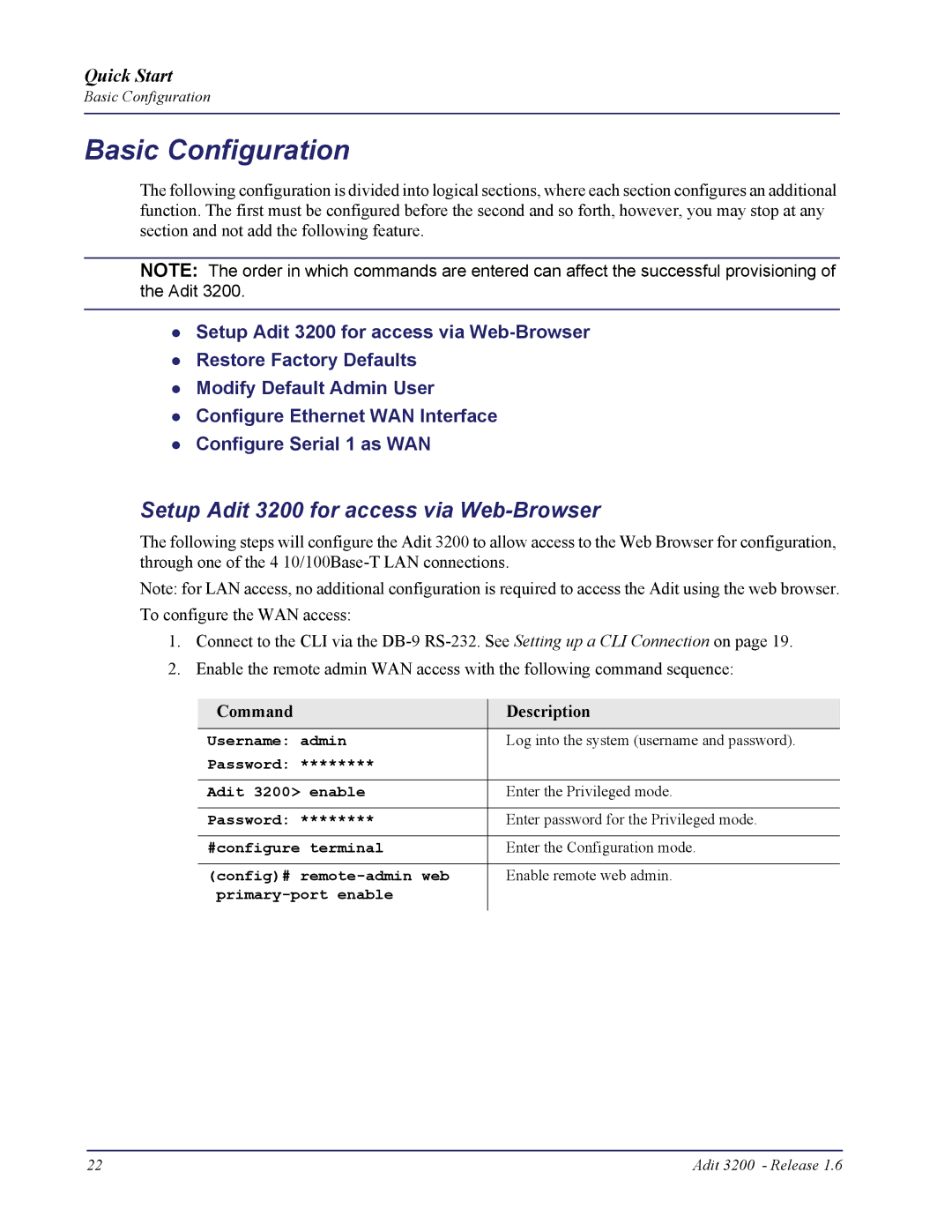 Carrier Access quick start Basic Configuration, Setup Adit 3200 for access via Web-Browser 