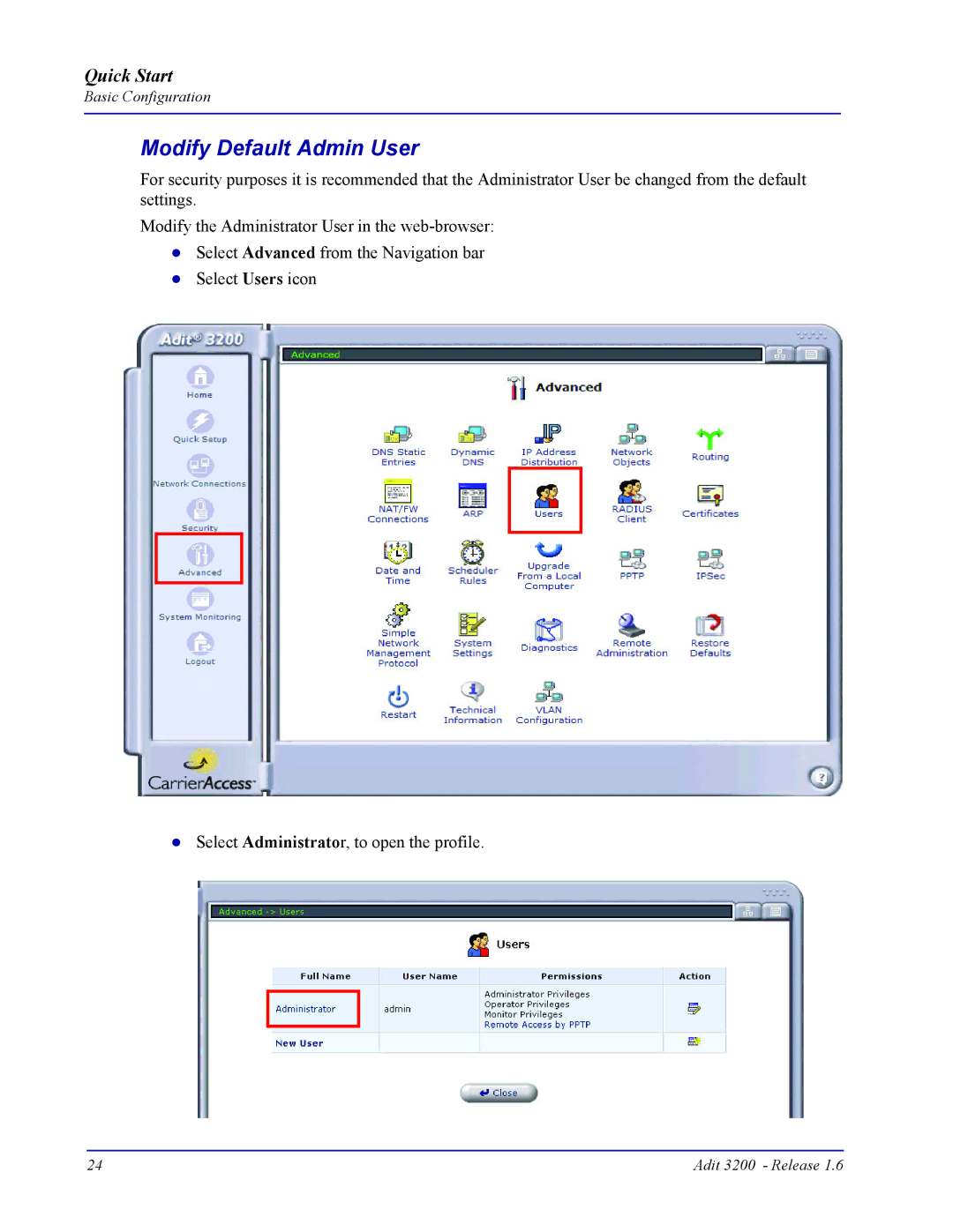 Carrier Access 3200 quick start Modify Default Admin User 