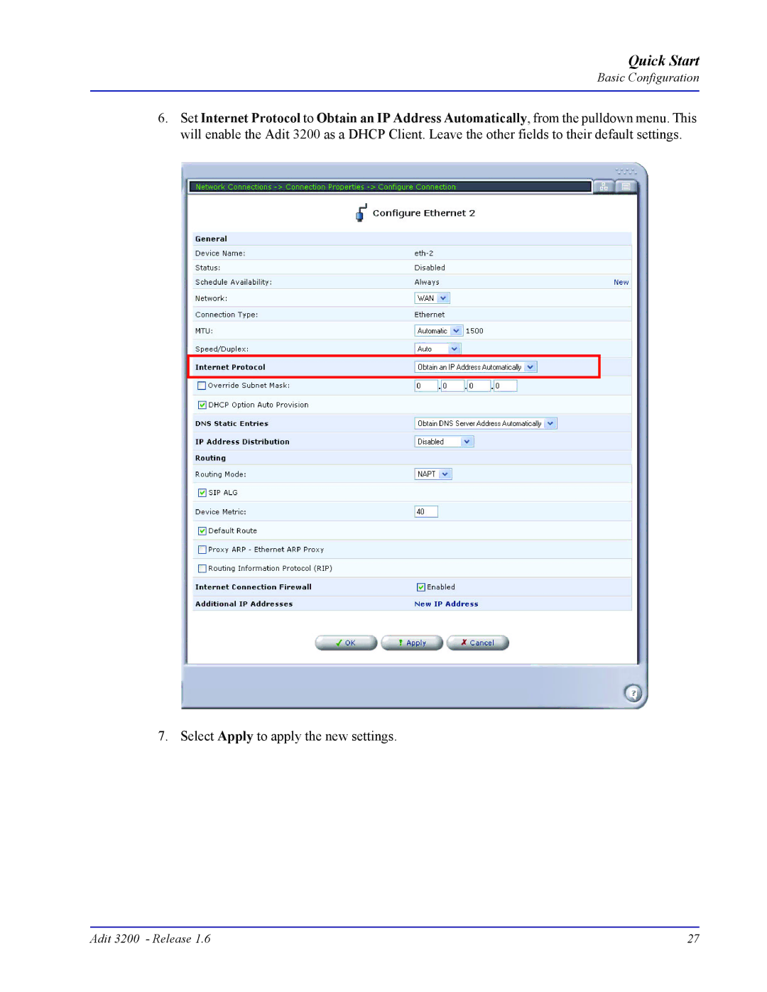 Carrier Access 3200 quick start Select Apply to apply the new settings 