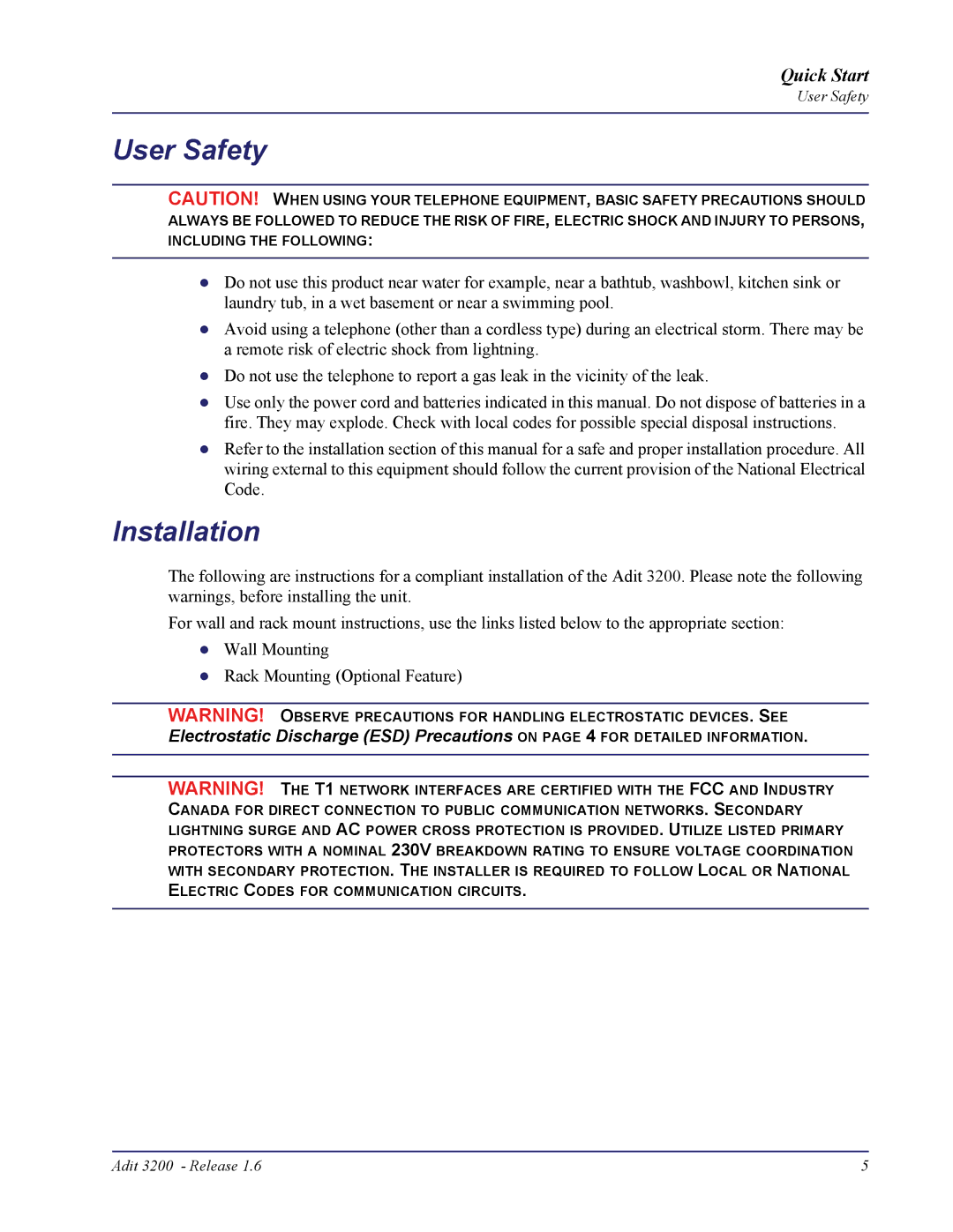 Carrier Access 3200 quick start User Safety, Installation 