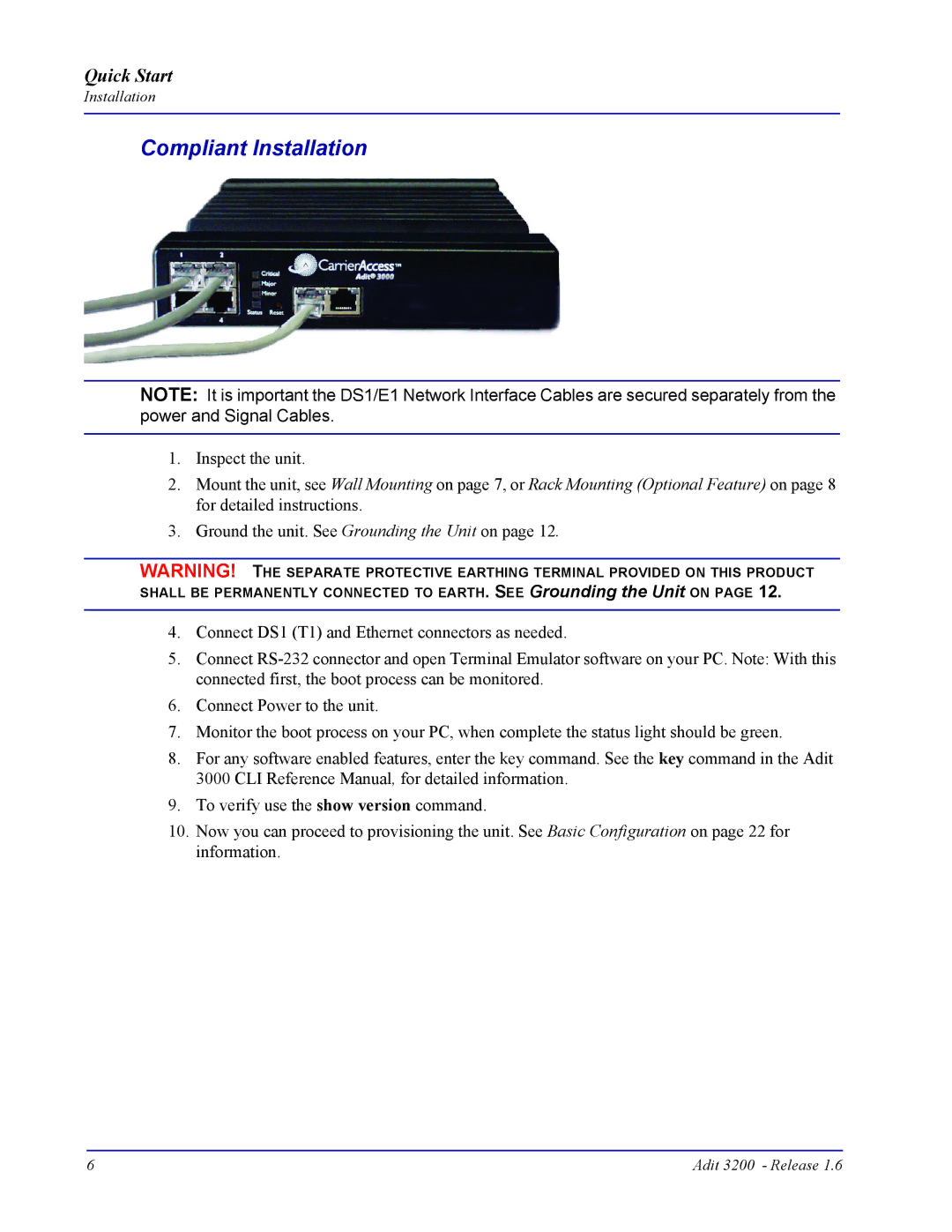 Carrier Access 3200 quick start Compliant Installation 