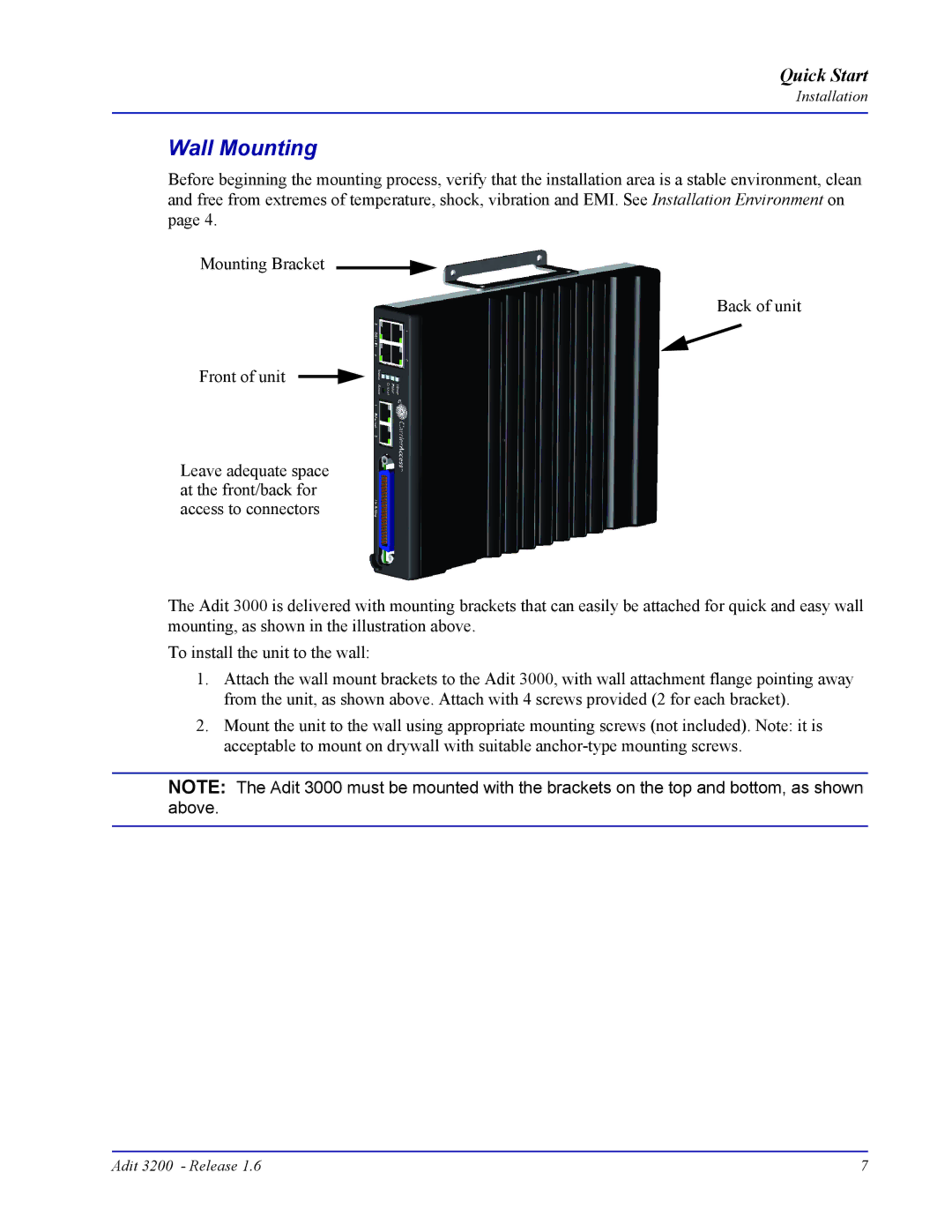 Carrier Access 3200 quick start Wall Mounting 