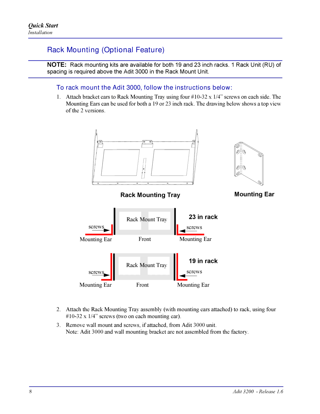 Carrier Access 3200 quick start Rack Mounting Optional Feature, To rack mount the Adit 3000, follow the instructions below 