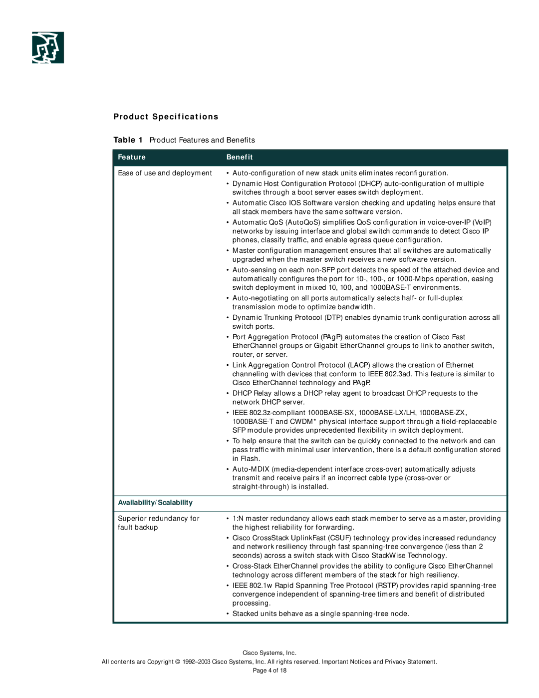 Carrier Access 3750 Series Product Specifications, Product Features and Beneﬁts, Feature Benefit, Availability/Scalability 